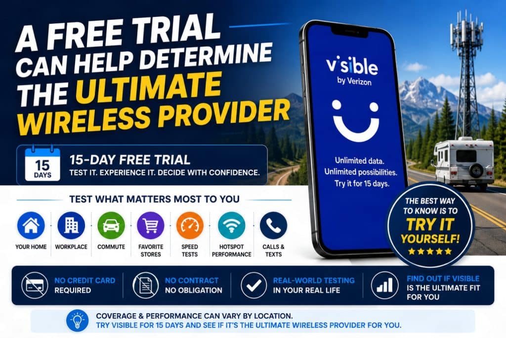 A free trial can help determine the ultimate wireless provider hostrite news A promotional graphic for a 15 day free trial of visible by verizon wireless service highlighting features like no credit card or contract required A free trial can help determine the ultimate wireless provider