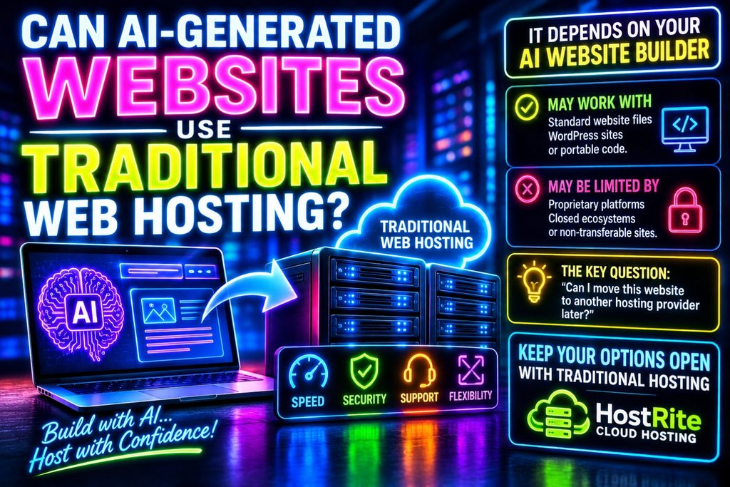Aigenerated websites and traditional web hosting hostrite news An infographic titled can ai generated websites use traditional web hosting With neon style text and icons explaining the compatibility of ai website builders with standard hosting services