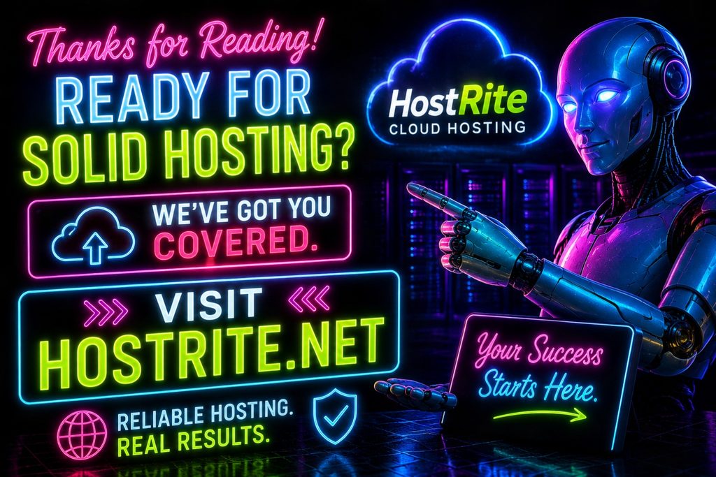 Hostrite cloud hosting promotional graphic hostrite news A neon style graphic featuring a robot pointing to a sign that says your success starts here with text promoting hostrite cloud hosting services