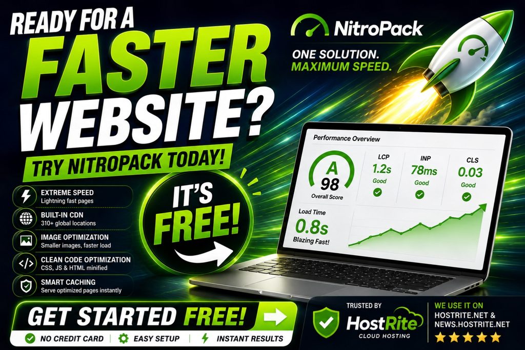 Nitropack rocket and laptop speed metrics free setup offer hostrite news An infographic promoting nitropack for website speed showing a laptop displaying a 98 performance score and a rocket graphic