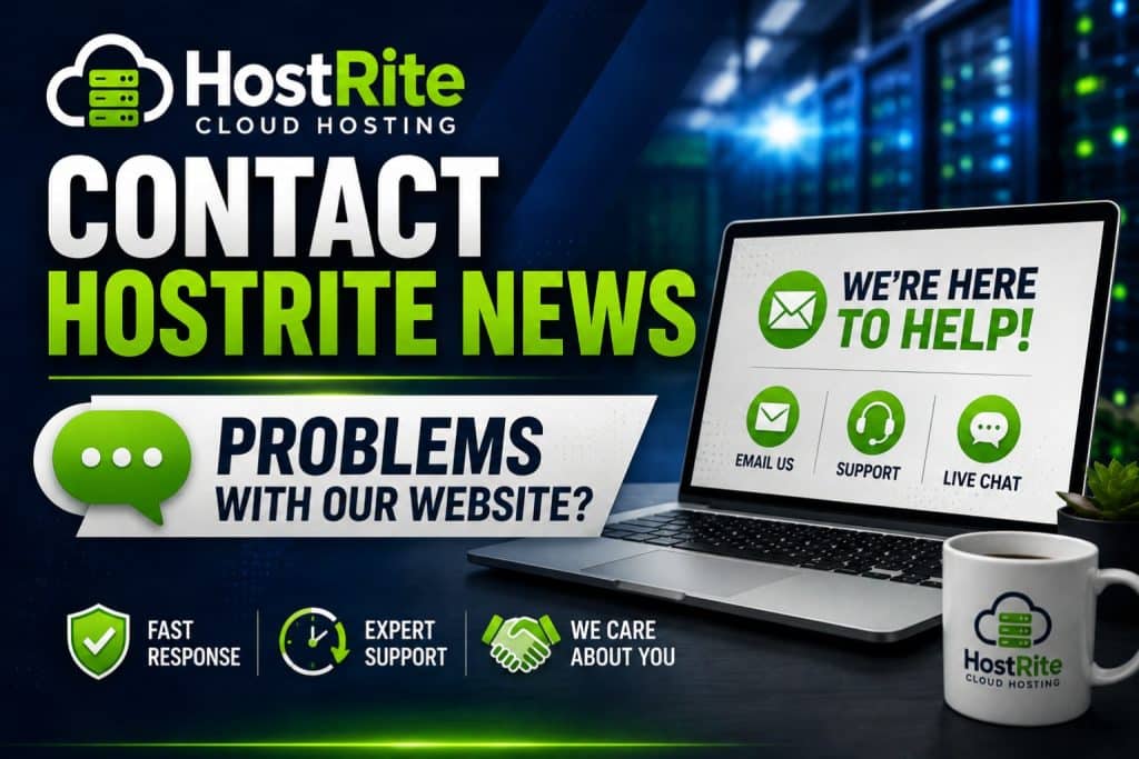 Hostrite contact and support information hostrite news A promotional graphic for hostrite cloud hosting featuring a laptop displaying contact options including email support and live chat alongside icons for fast response and expert support