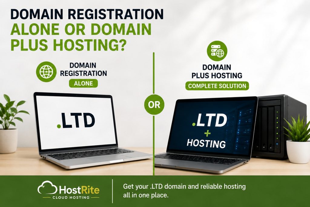 Domain registration versus domain plus hosting comparison hostrite news An infographic comparing registering a Ltd domain alone versus bundling it with hosting services displayed on two laptops