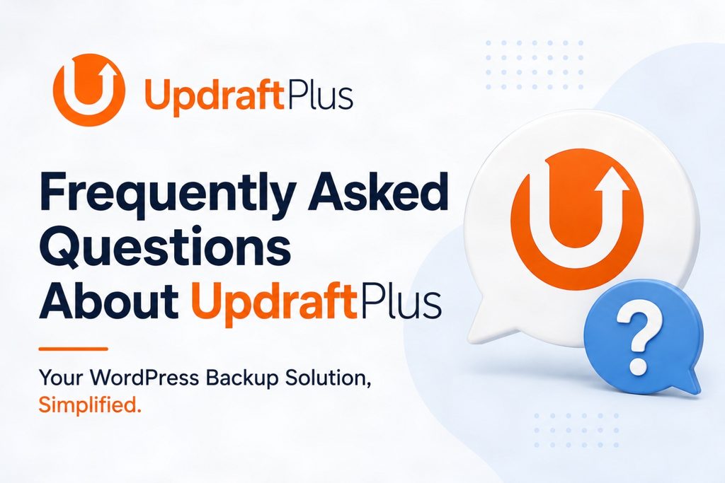Updraftplus frequently asked questions graphic hostrite news A graphic featuring the updraftplus logo and the text frequently asked questions about updraftplus accompanied by a speech bubble icon with a question mark Updraftplus review