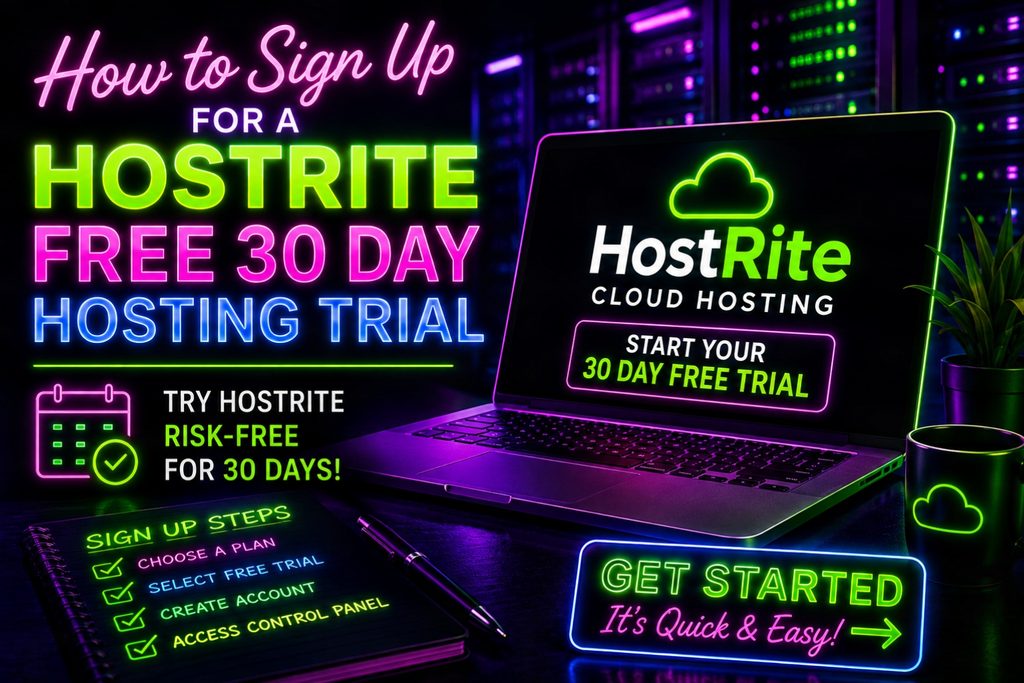 Hostrite free 30 day hosting trial sign up guide hostrite news A neon style graphic showing steps to sign up for a hostrite 30 day free cloud hosting trial featuring a laptop a checklist and a call to action button