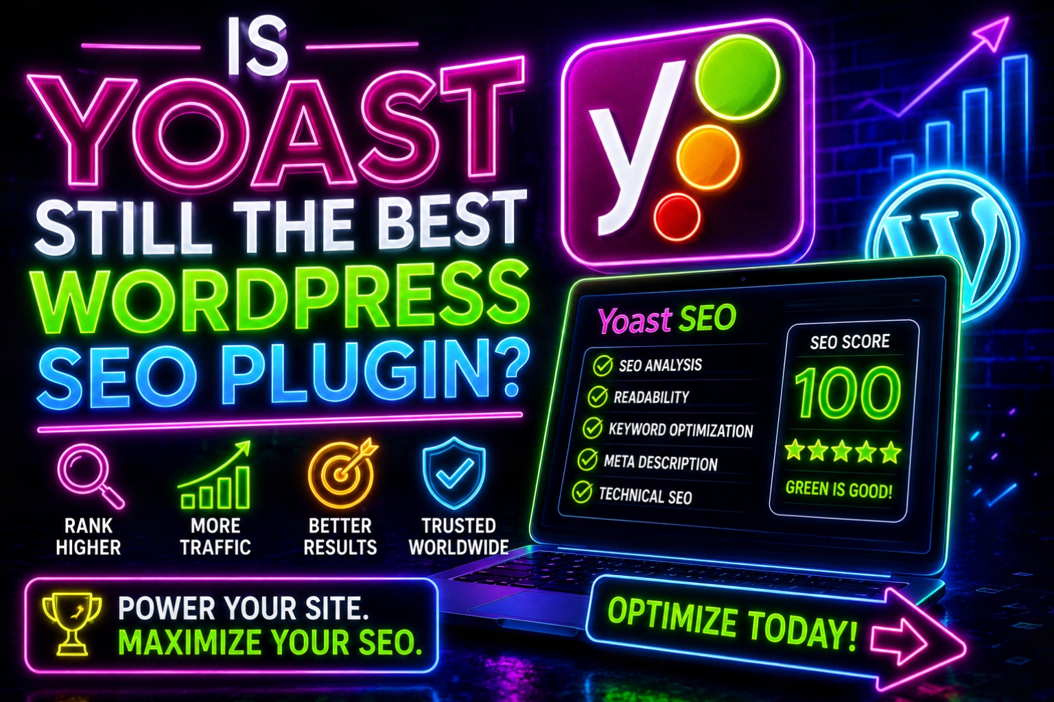 Neon style graphic announcing yoast seo with a laptop showing a 100 seo score and checklist items on the screen