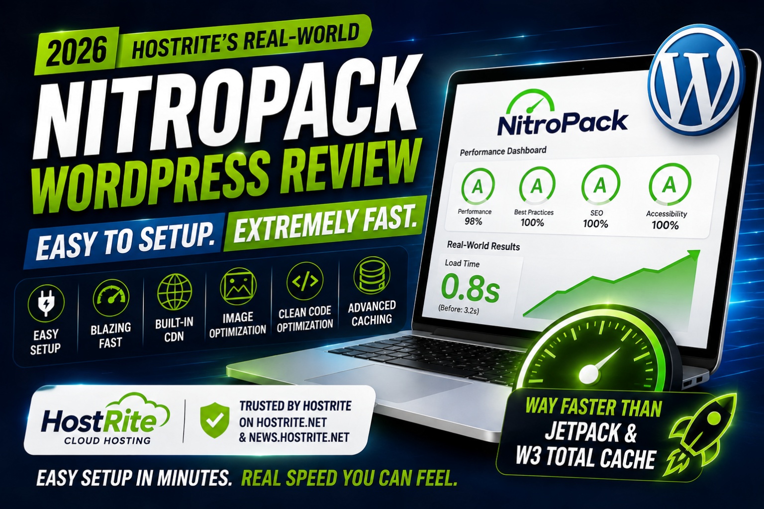 Nitropack dashboard fast wordpress review results hostrite hostrite news A laptop screen displaying a nitropack performance dashboard with high scores and a 0 8s load time alongside text highlighting hostrite's 2026 review of the plugin.