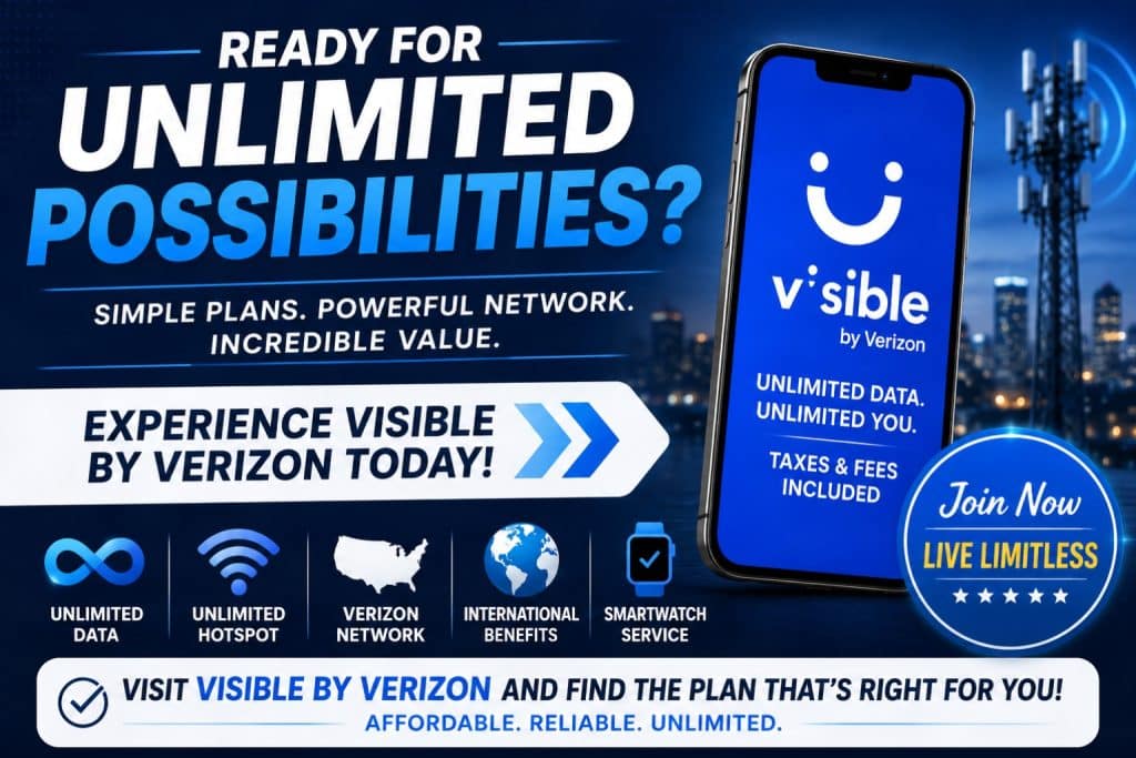 Ready for unlimited possibilities ultimate wireless provider hostrite news A promotional graphic for visible by verizon featuring a smartphone displaying the brand logo and service benefits like unlimited data hotspot and international coverage Ultimate wireless provider