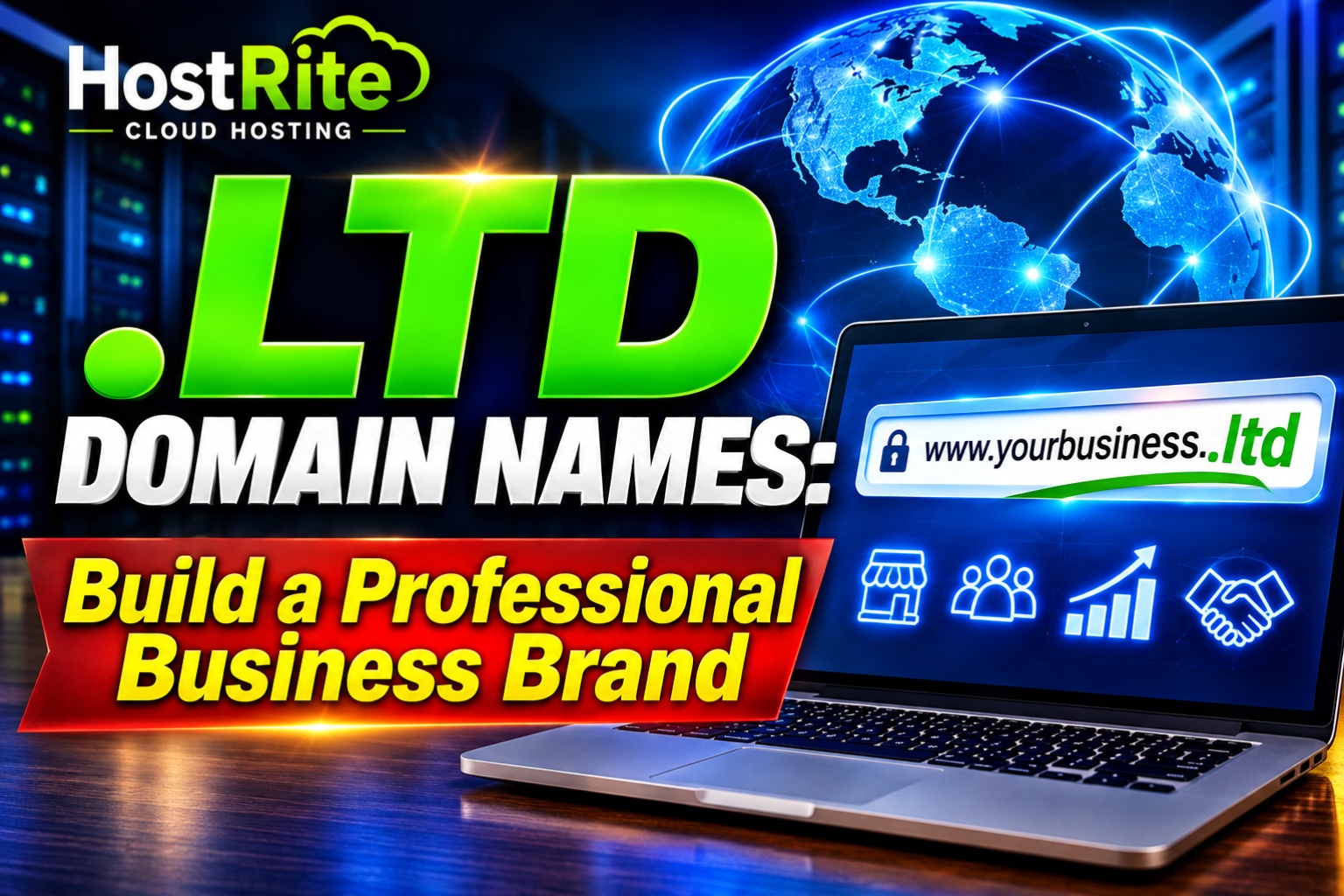 Hostrite Ltd domain name registration hostrite news A laptop displaying a web browser with the address bar showing www Yourbusiness Ltd set against a background featuring the hostrite logo a glowing globe and the text Ltd domain names build a professional business brand
