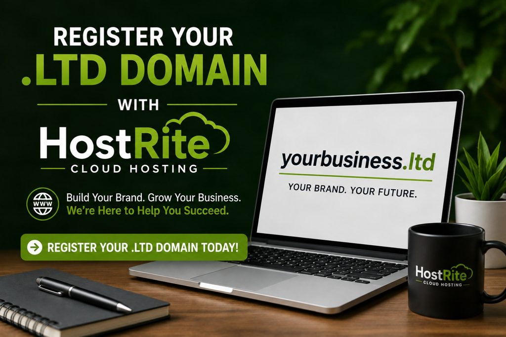 Laptop and hostrite branding for a Ltd domain campaign hostrite news A laptop on a desk displays the text yourbusiness Ltd with promotional text for hostrite cloud hosting and Ltd domain registration visible on the dark green background