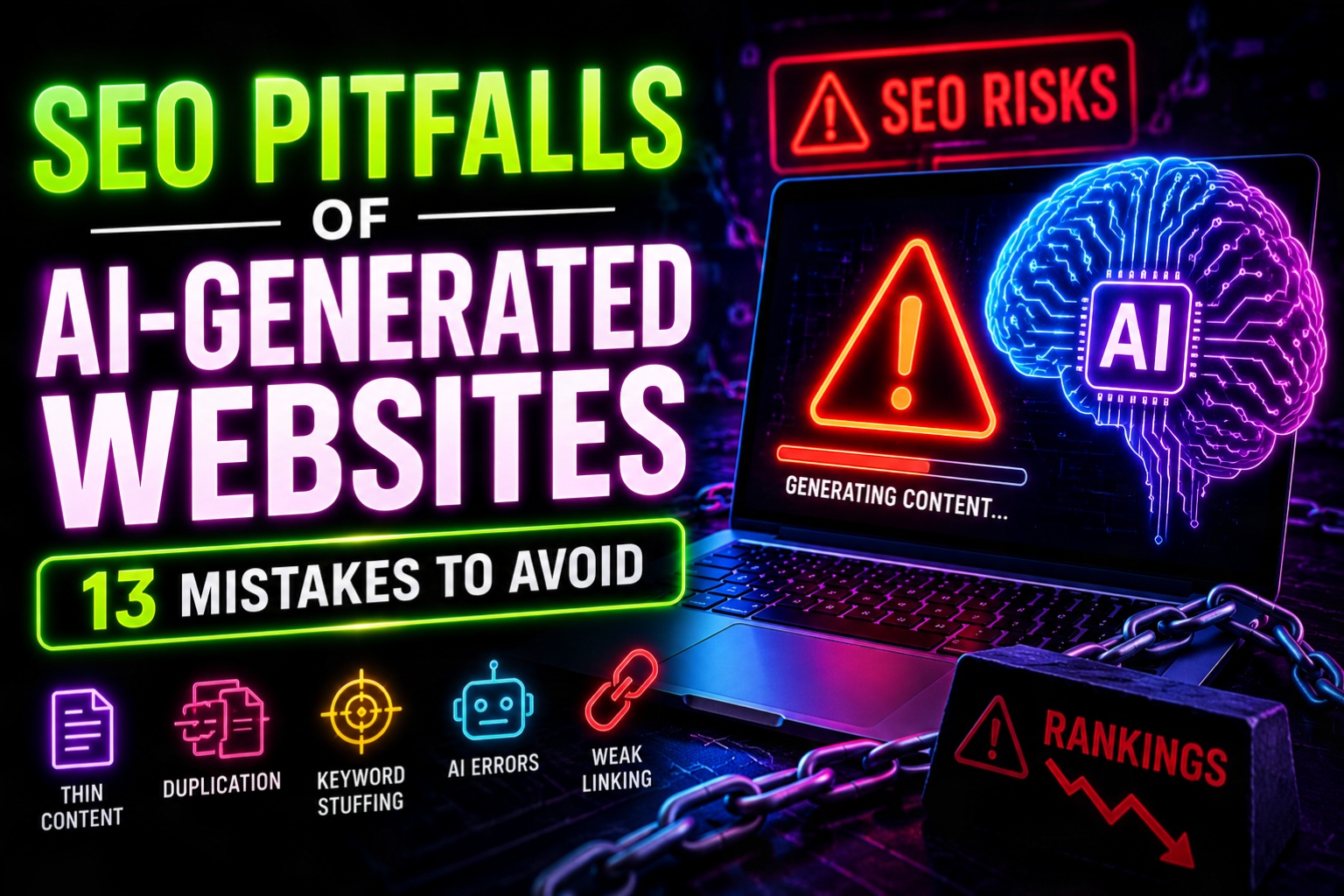 Seo pitfalls of aigenerated websites hostrite news A neon style graphic illustrating seo risks associated with ai generated content featuring a laptop a digital brain icon and a list of common mistakes like thin content and keyword stuffing