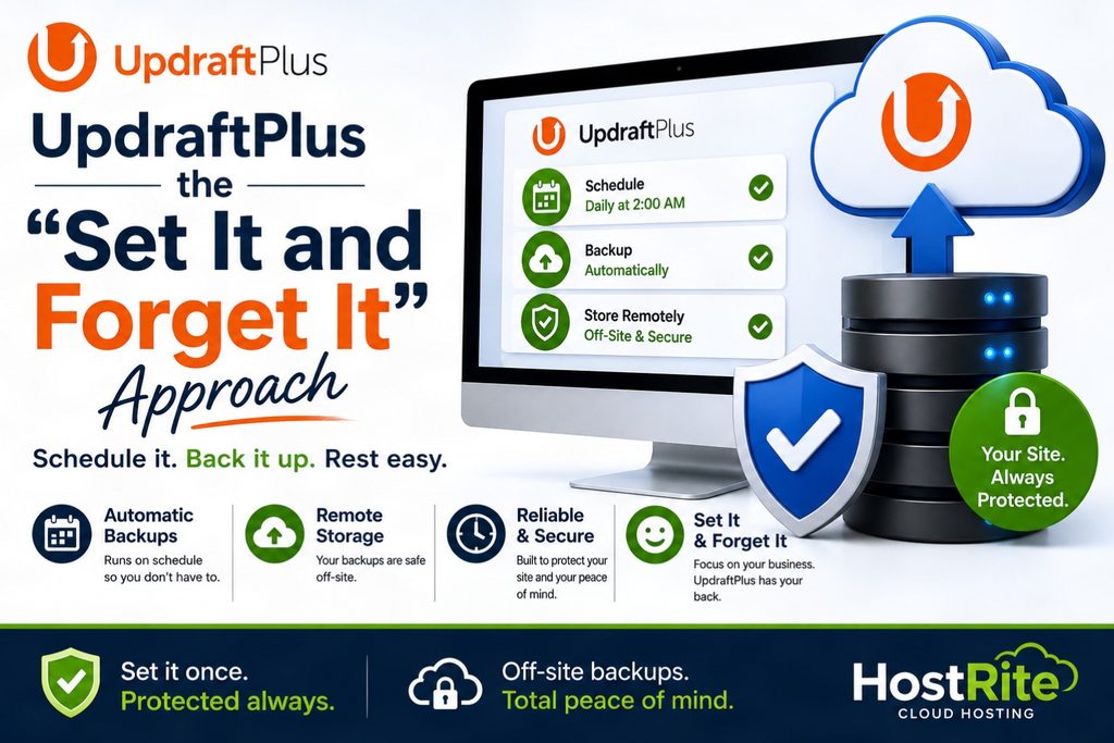 Updraftplus set it and forget it backup approach hostrite news An infographic illustrating the updraftplus automated backup process showing a computer monitor with scheduling options and a server icon connected to a cloud for remote storage Updraftplus review