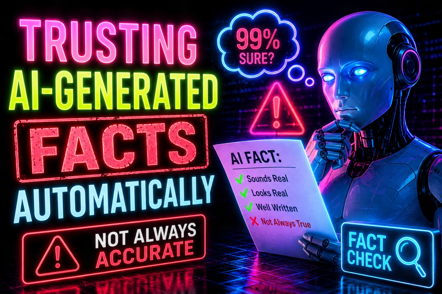 Trusting aigenerated facts automatically hostrite news A neon style illustration of a robot holding a document that lists ai generated content characteristics with a warning that such facts are not always accurate
