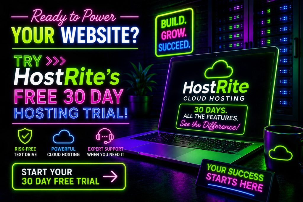 Hostrite 30 day free hosting trial promotion hostrite news A neon style graphic promoting a 30 day free trial for hostrite cloud hosting featuring a laptop server rack background and call to action buttons