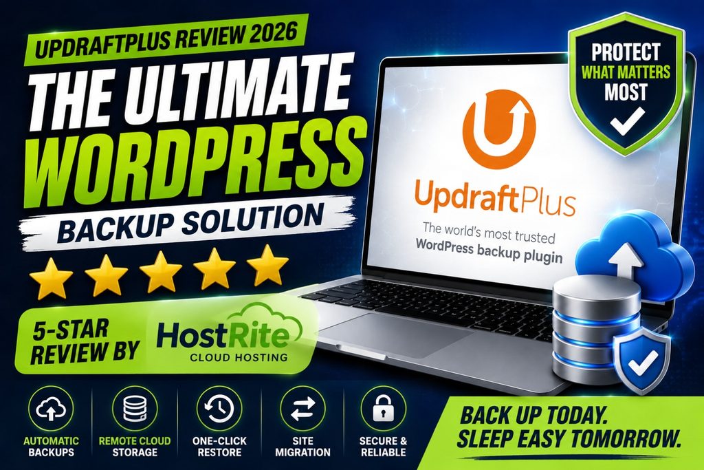 Updraftplus backup dashboard fivestar review and cloud security hostrite news A promotional graphic for updraftplus featuring a laptop displaying the plugin logo five gold stars and icons representing backup storage restore migration and security features Updraftplus review
