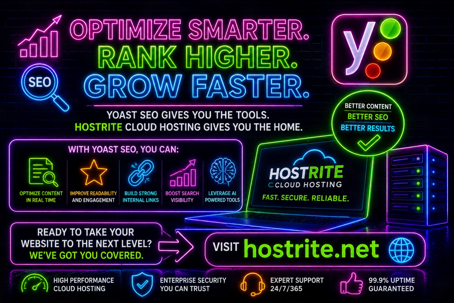 A neon style graphic promoting yoast seo and hostrite cloud hosting featuring a laptop server icon and a list of optimization benefits