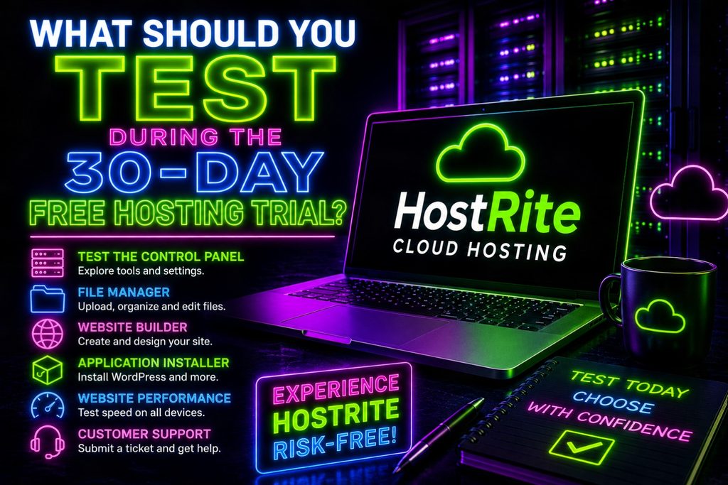 Hostrite 30day free hosting trial checklist hostrite news An infographic listing six key features to test during a 30 day free hosting trial including the control panel file manager website builder application installer performance and customer support