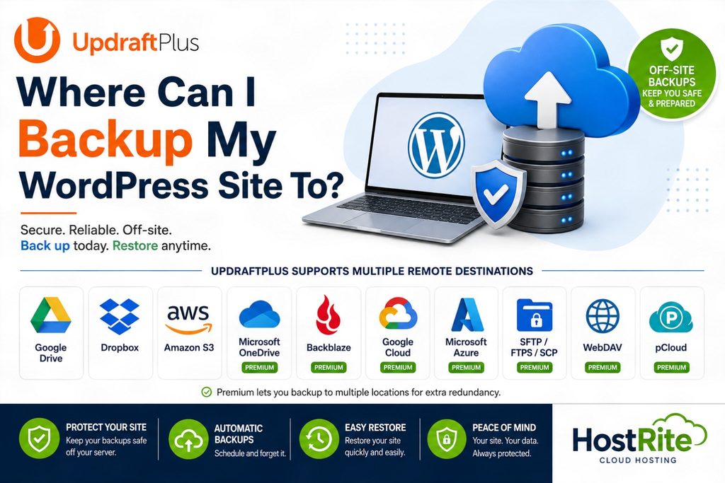 Updraftplus wordpress backup remote storage options hostrite news An infographic showing updraftplus wordpress backup remote storage destinations including google drive dropbox amazon s3 microsoft onedrive backblaze google cloud microsoft azure sftp webdav and pcloud Updraftplus review
