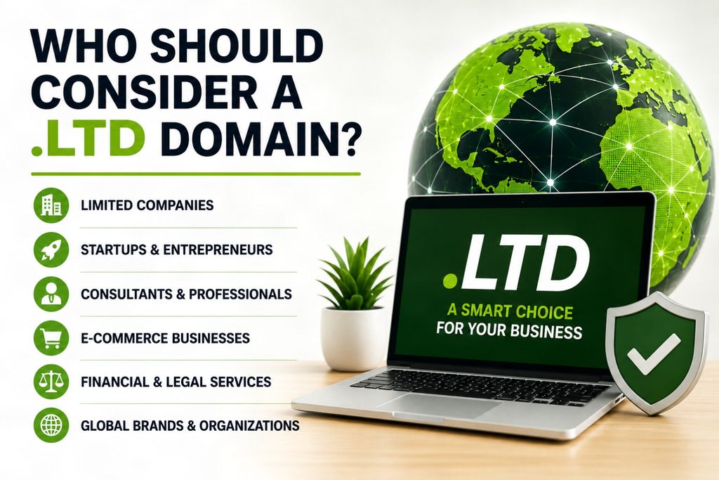 Who should consider a Ltd domain hostrite news An infographic listing types of businesses that benefit from a Ltd domain including limited companies startups and global organizations displayed next to a laptop and a globe