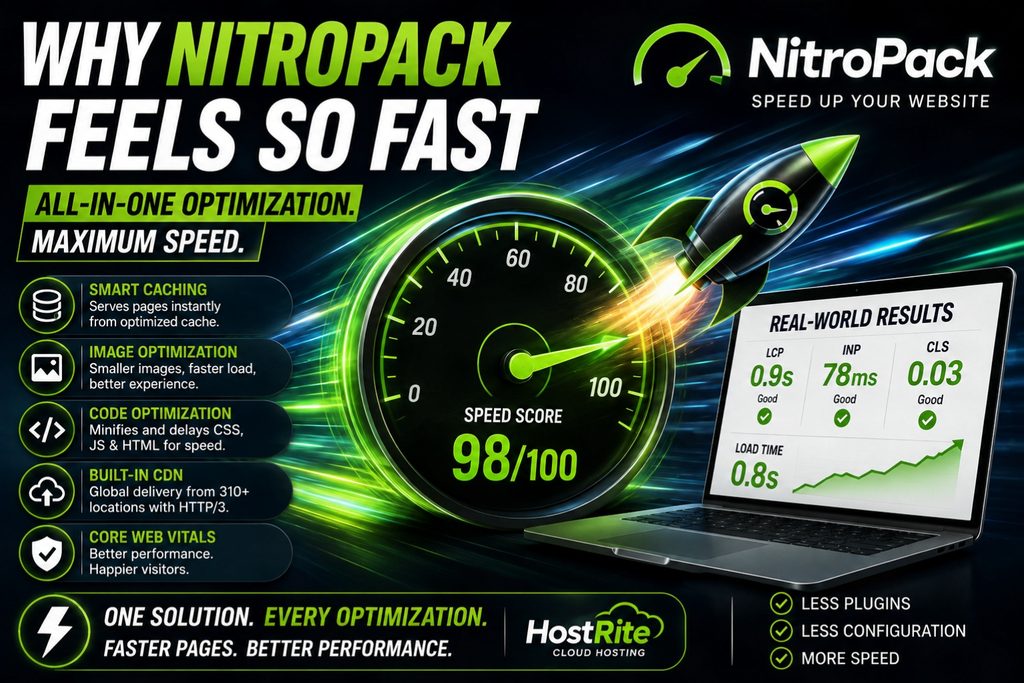 Nitropack speed gauge and core web vitals results hostrite hostrite news An infographic titled why nitropack feels so fast showing a speed gauge at 98100 and a laptop displaying real world performance results including lcp inp and cls metrics