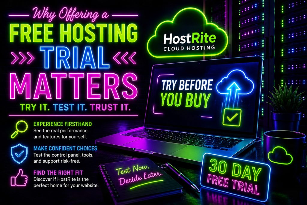 Benefits of offering a free hosting trial hostrite news A neon style graphic promoting hostrite cloud hosting with the text why offering a free hosting trial matters and try before you buy