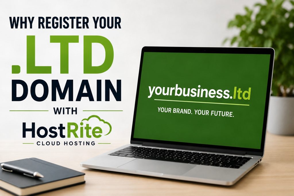 Why register Ltd domain names hostrite news A laptop on a desk displays the text yourbusiness Ltd and your brand Your future Next to promotional text about registering Ltd domains with hostrite cloud hosting