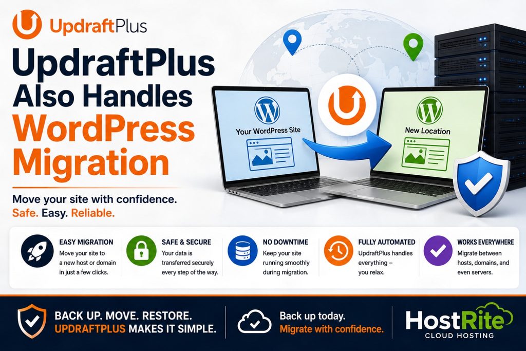 Updraftplus wordpress migration features overview hostrite news An infographic illustrating updraftplus wordpress migration showing data moving from one laptop to another with icons representing security automation and server migration