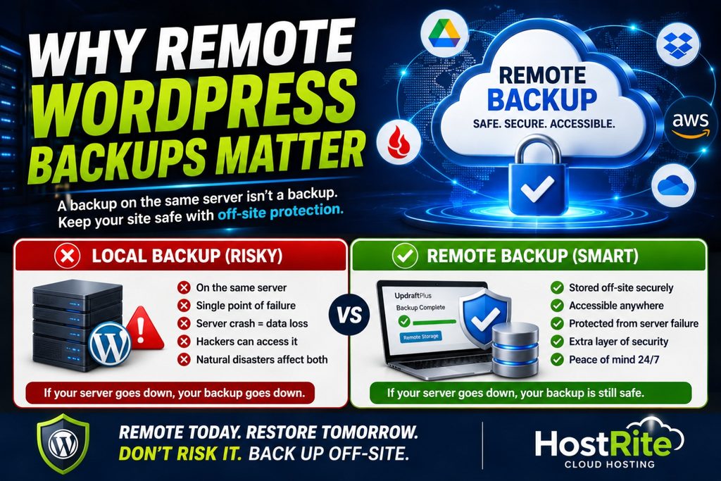 Why remote wordpress backups matter infographic hostrite news An infographic comparing the risks of local wordpress backups to the benefits of secure remote backups highlighting that off site storage protects data from server failures Updraftplus review