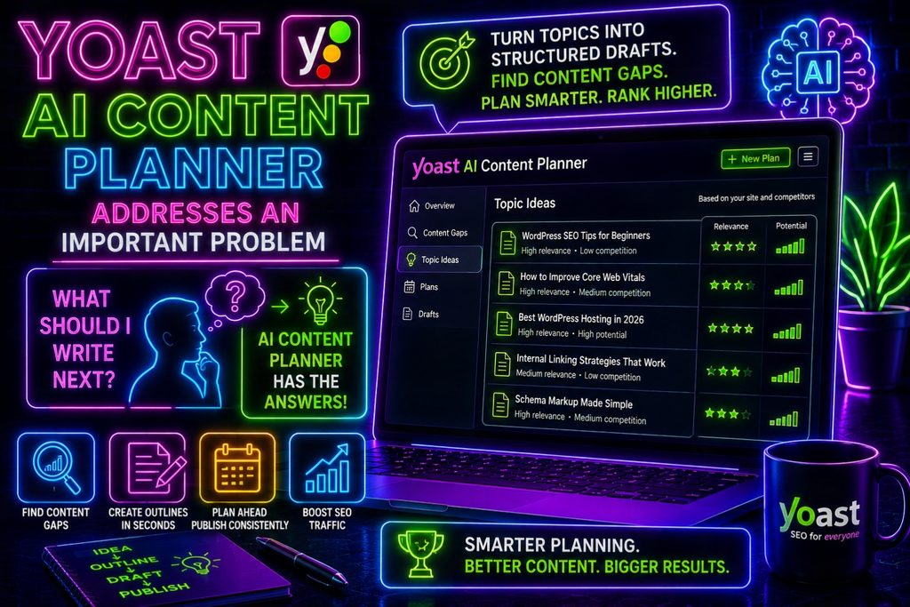 A neon style graphic showing the yoast ai content planner interface on a laptop screen displaying a list of seo topic ideas with relevance and potential scores