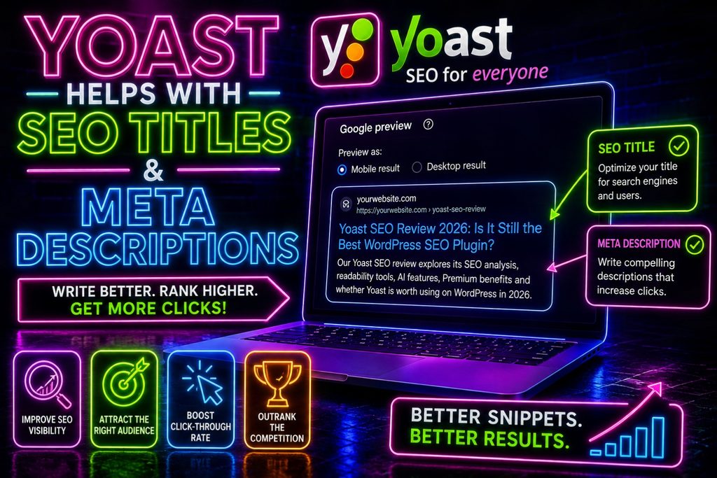 A neon style graphic showing a laptop displaying a google search result preview highlighting how yoast seo helps optimize titles and meta descriptions for better search visibility