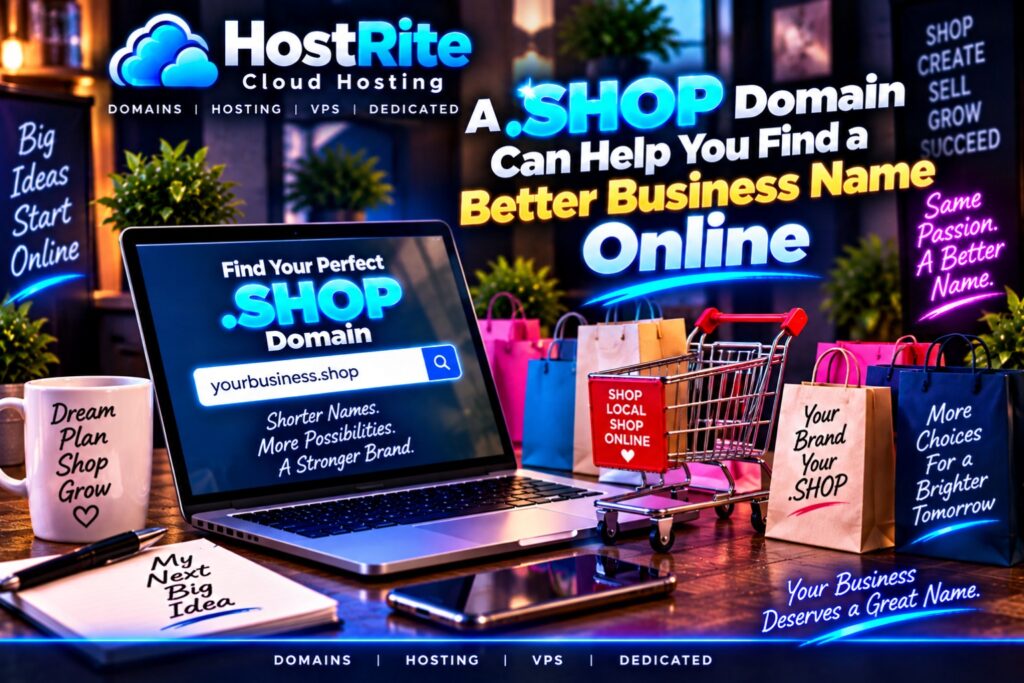 A shop domain can help you find a better business name online hostrite news Laptop screen shows'Find Your Perfect .SHOP Domain' amid a colorful shopping-bag setup for a HostRite promo.