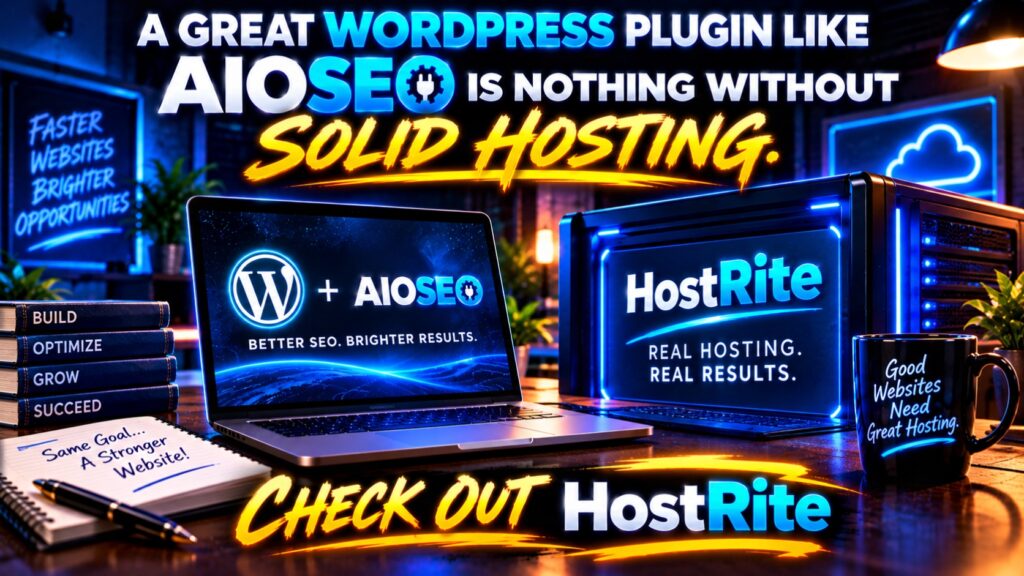 Promotional banner for wordpress hosting showing wordpress and aioseo logos on a laptop with neon'Solid Hosting' text and a glowing server rig nearby.