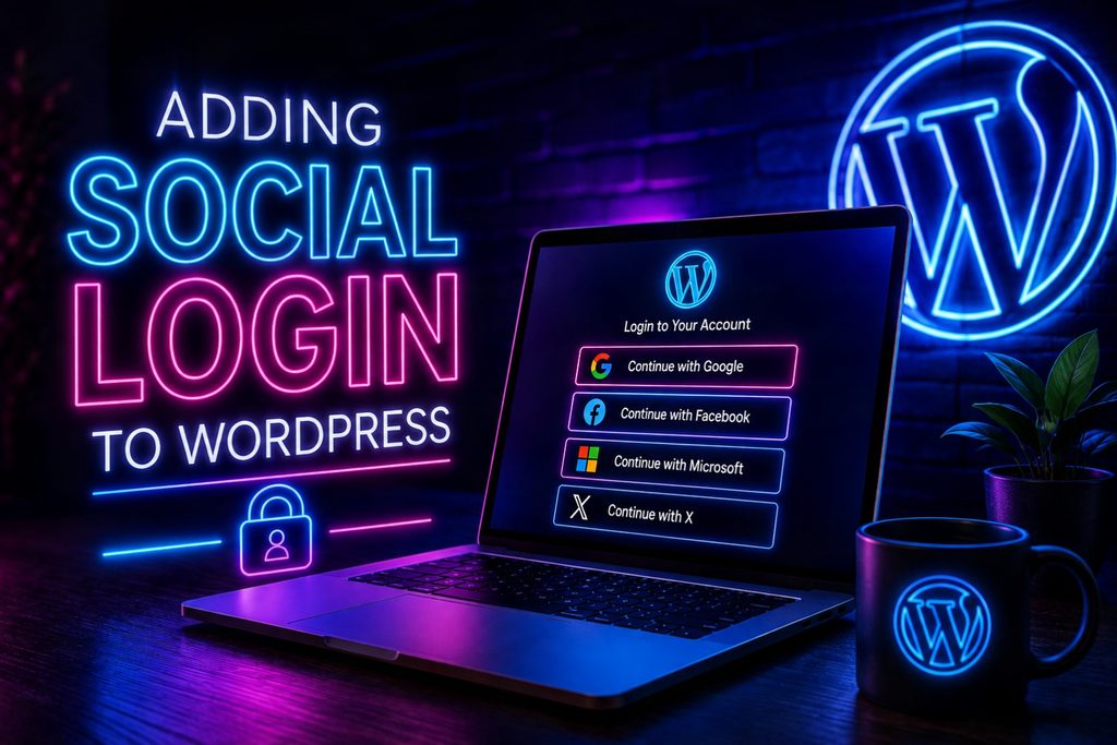 Adding social login to wordpress hostrite news A laptop screen displaying a wordpress login interface with options to continue with google facebook microsoft or x set against a dark background with neon blue and pink lighting