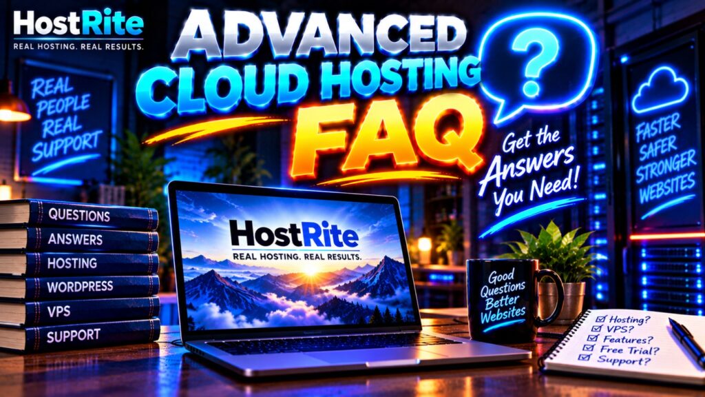 Hostrite advanced cloud hosting faq hostrite news Neon hosting themed scene with a laptop showing hostrite stacked books labeled questions answers hosting wordpress vps support and a mug reading'Good Questions Better Websites'.