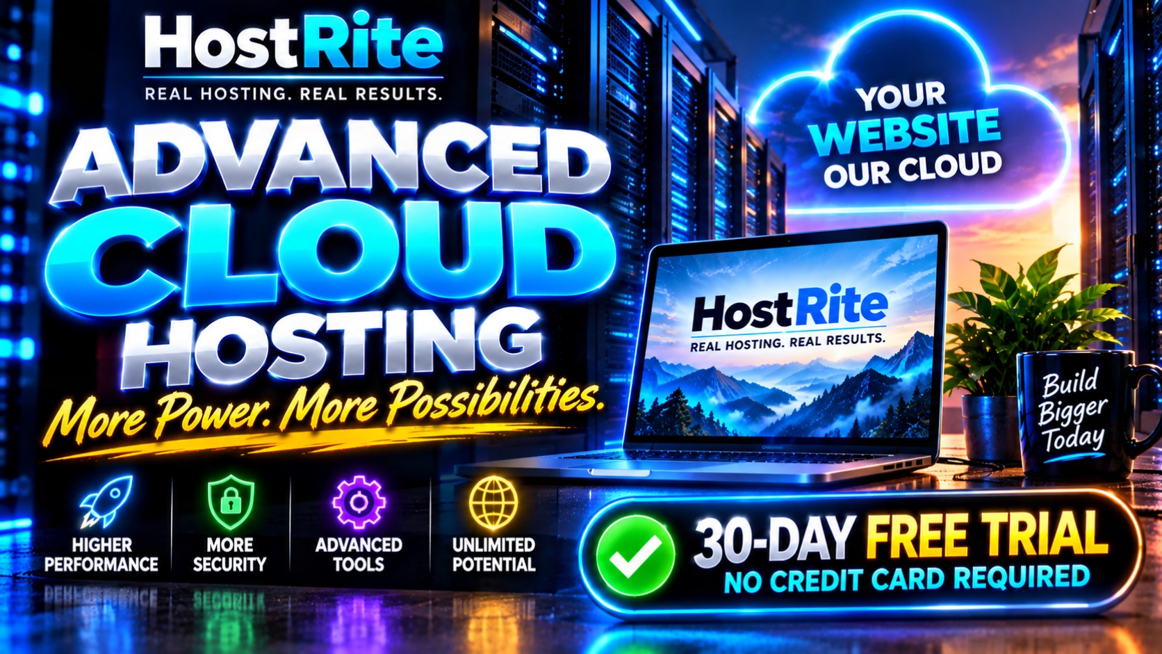 A digital banner for hostrite cloud hosting services featuring a laptop server room background and a 30 day free trial offer