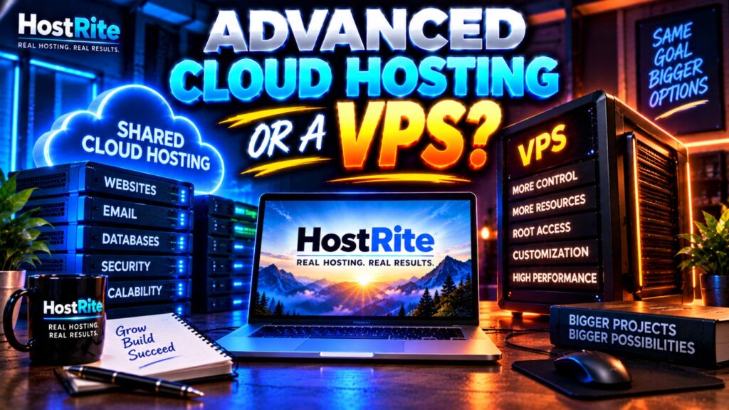 Hostrite cloud hosting versus vps comparison hostrite news A desk setup featuring a laptop with the hostrite logo flanked by server racks labeled with cloud hosting and vps features under a neon sign asking about choosing between the two services