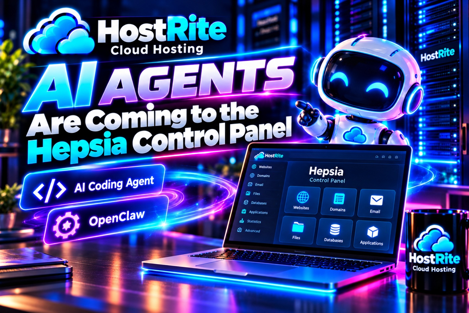 Neon advertisement showing a blue pink robot beside a laptop with the hostrite cloud hosting banner and the headline ai agents are coming to the hepsia control paneluses bright neon branding and icons for ai coding agent and openclaw