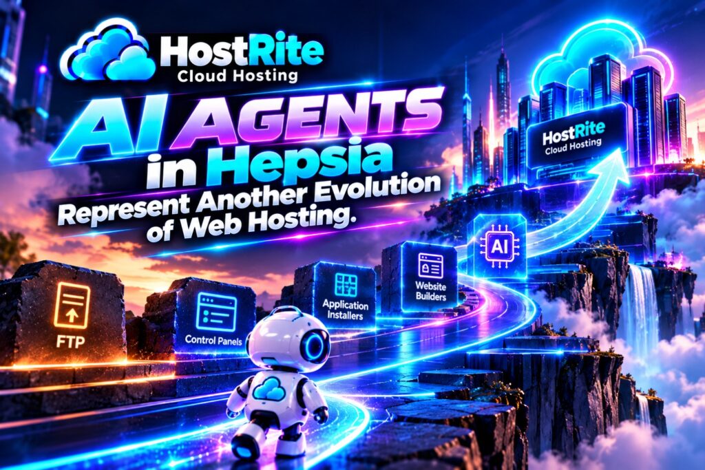 Ai agents in hepsia represent another evolution of web hosting hostrite news Futuristic hostrite cloud hosting ad with a small robot on a neon lit path and ai agents in hepsia headline over a cityscape backdrop
