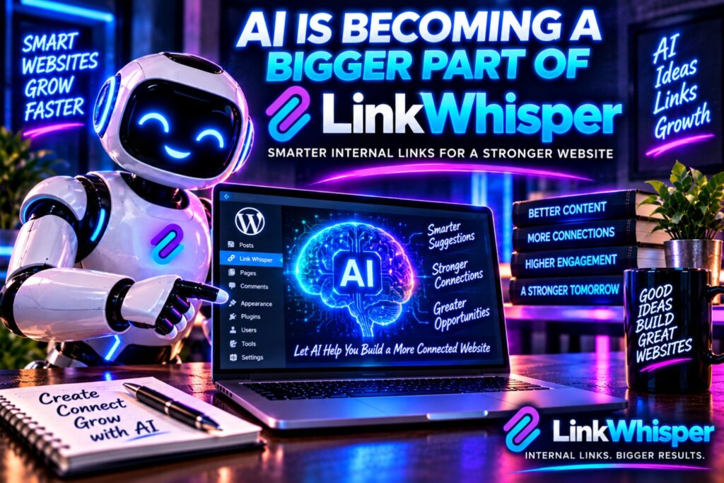 Linkwhisper ai integration features hostrite news A friendly robot points at a laptop screen displaying the linkwhisper wordpress interface and a glowing ai brain graphic in a neon lit office