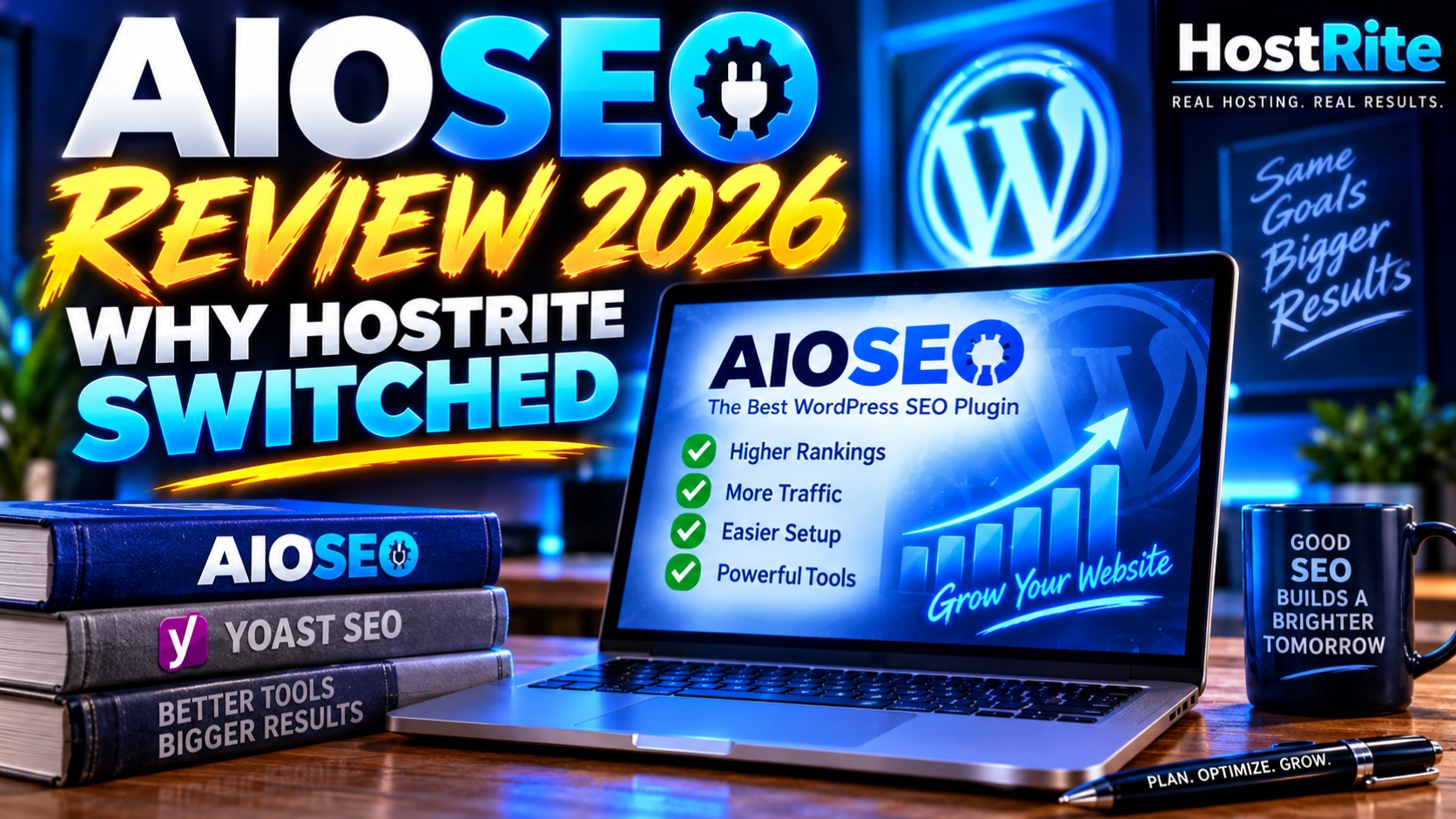 A promotional graphic for an aioseo review featuring a laptop screen displaying plugin benefits a stack of books labeled aioseo and yoast seo and a hostrite branded mug