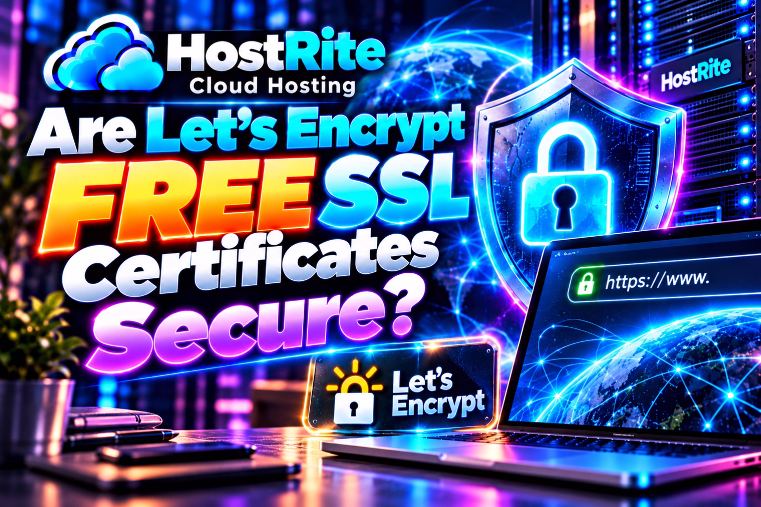 Are lets encrypt free ssl certificates secure hostrite news Bold neon banner asking if let's Encrypt free SSL certificates are secure, with HostRite cloud hosting branding.