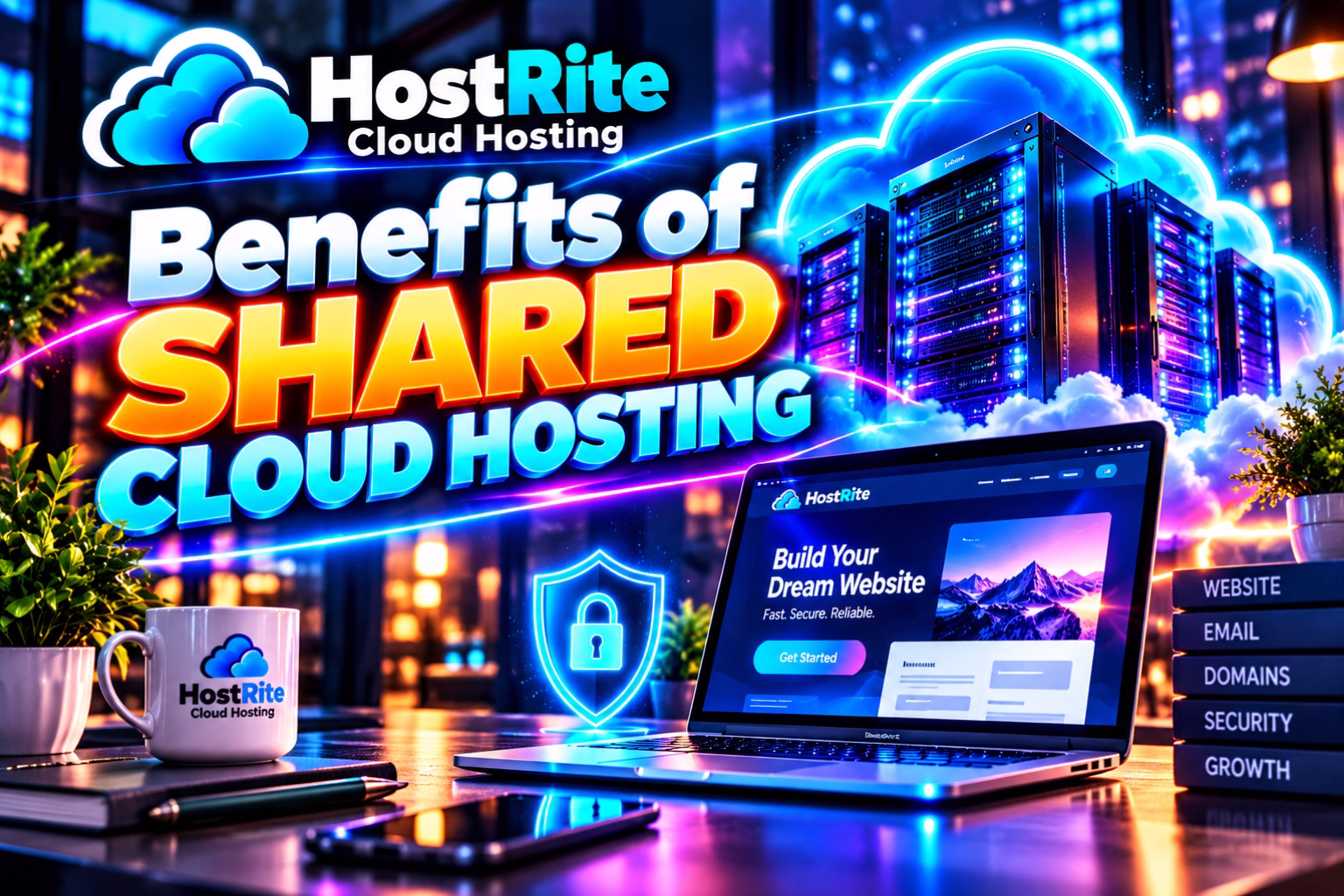 Bright promotional banner for hostrite cloud hosting reading'Benefits of Shared Cloud Hosting' with servers, neon lights, and a laptop showing a website.