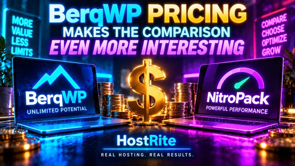 Berqwp and nitropack comparison banner hostrite news Neon hosting ad with two laptops showing berqwp and nitropack logos a glowing dollar sign coin stacks and hostrite branding