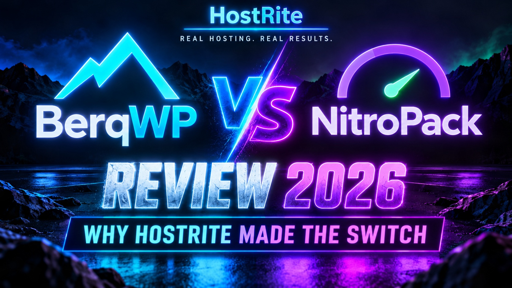 Neon style banner comparing berqwp and nitropack with review 2026 and why hostrite made the switch text