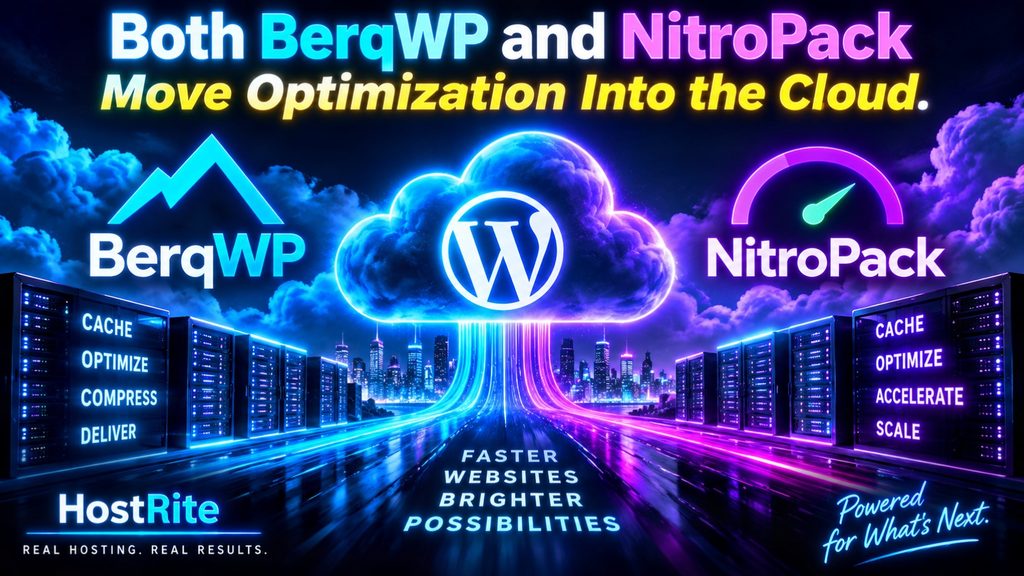 Both berqwp and nitropack move optimization into the cloud hostrite news Neon promotional banner showing bergwp and nitropack partnering to move wordpress optimization to the cloud with cloud and server imagery
