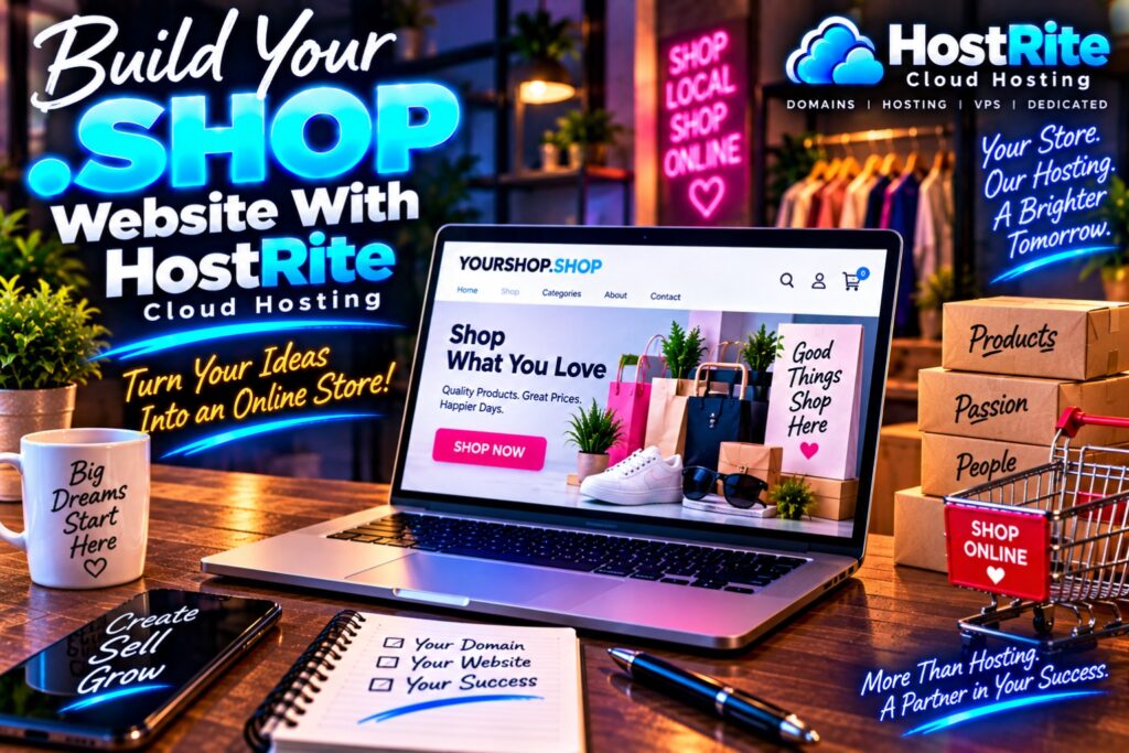 Build your shop website with hostrite cloud hosting hostrite news Laptop on a desk displaying an online shop page with neon storefront signage promoting hostrite cloud hosting and online store setup