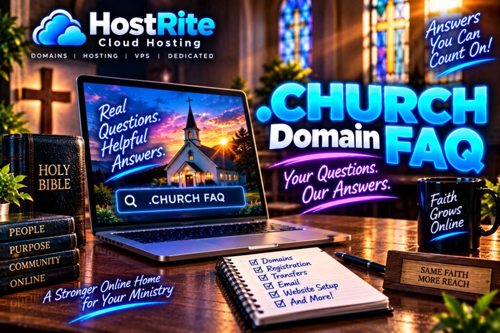 Church themed hosting ad laptop displays real questions helpful answers beside a church large  Church faq text and hostrite branding above