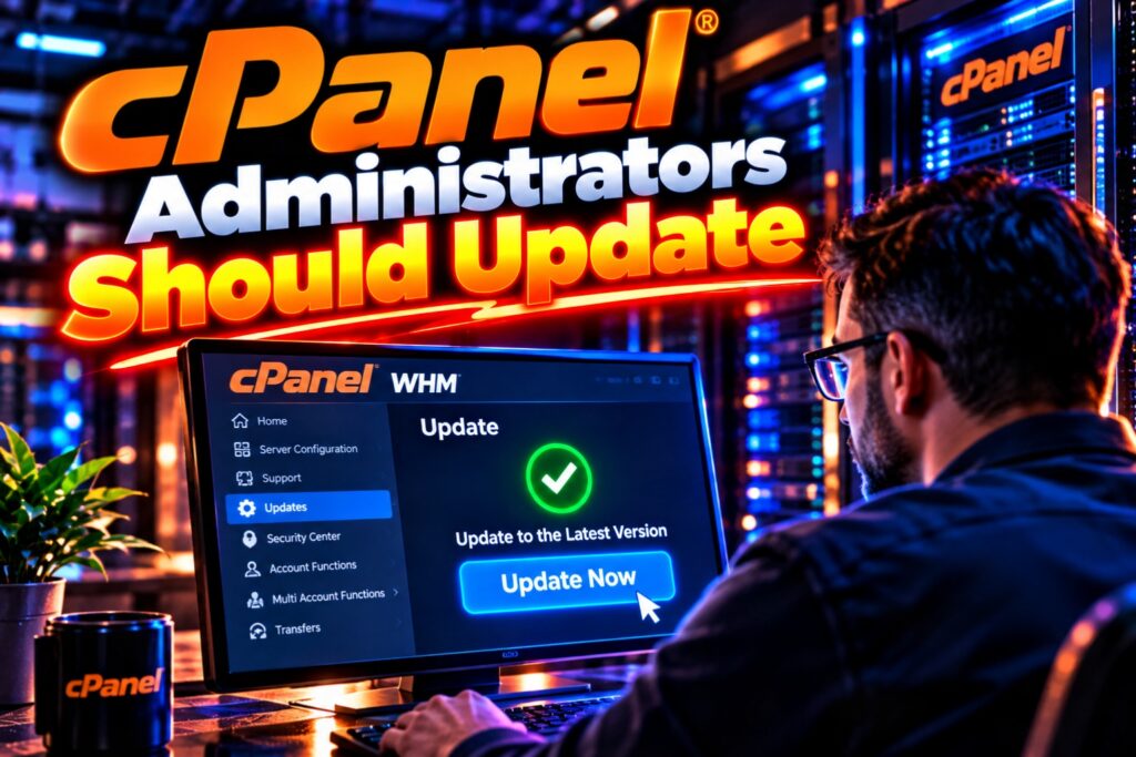 Cpanel administrators should update hostrite news Sysadmin updating cpanel whm on a monitor in a data center with a neon sign urging updates in the background