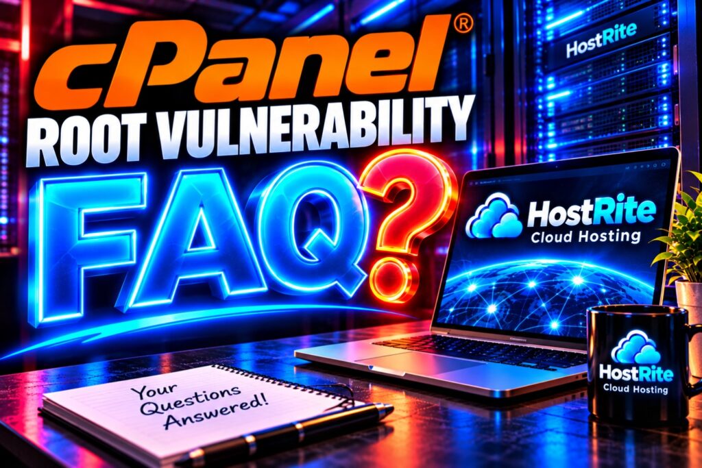 Cpanel root vulnerability faq hostrite news Neon sign reads'cPanel ROOT VULNERABILITY FAQ' beside a laptop showing HostRite cloud hosting on a desk.