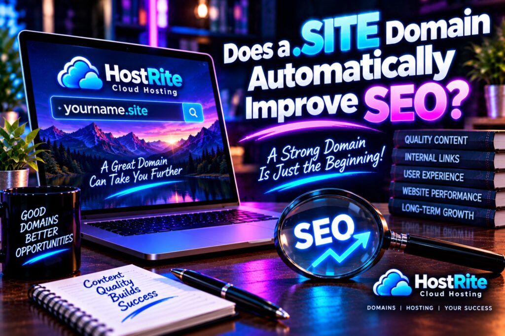 Does a site domain automatically improve seo hostrite news Neon lit desk scene promoting seo and cloud hosting with a laptop displaying hostrite branding and an seo magnifier nearby
