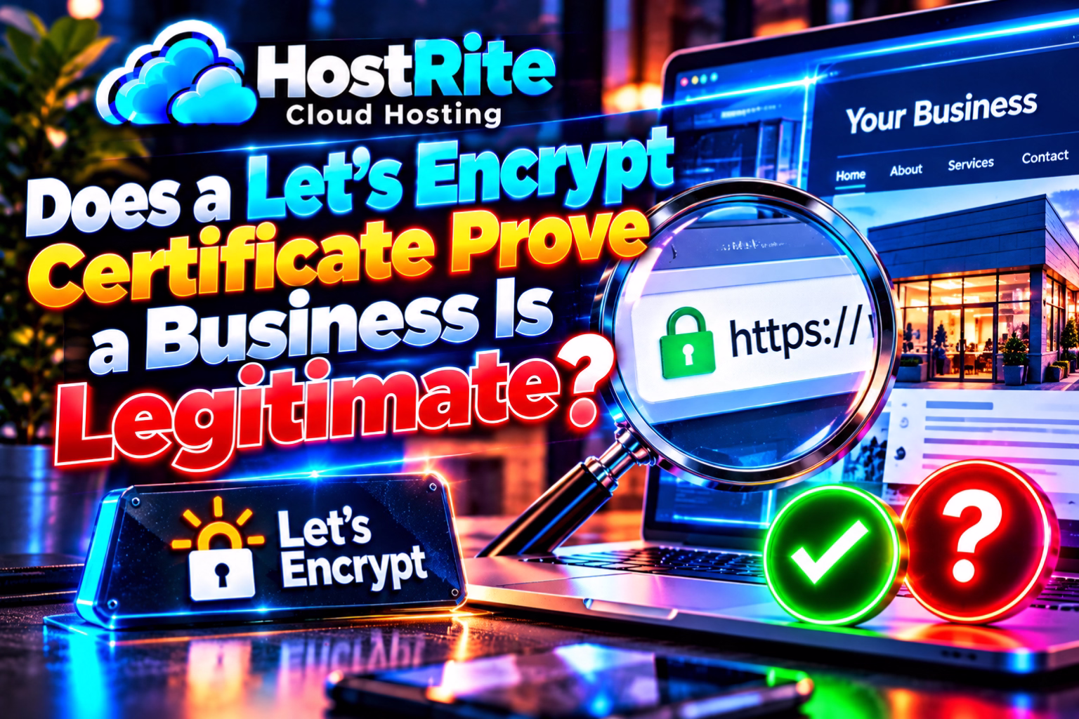 Does a lets encrypt certificate prove a business is legitimate hostrite news Bright collage about whether let's Encrypt certificates prove a business is legitimate, with a magnifying glass over https and bold text elements.